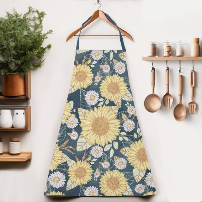 Country Floral Yellow Sunflower Navy Blue Apron (Get creative in the kitchen with our Country Sunflower Womens apron! )
