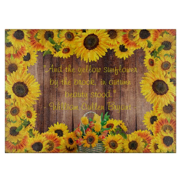 Country Floral Yellow Sunflower Rustic Barn Wood Cutting Board (Front)
