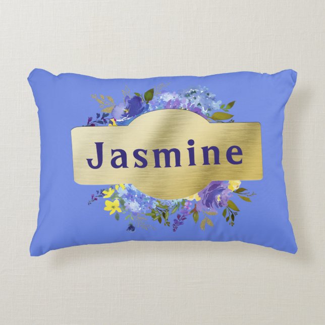 Country Flowers Blue Purple Floral & Gold Decorative Cushion (Front)