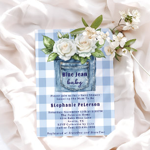 Country Flowers Cute Gingham Blue Jean Baby Shower Invitation