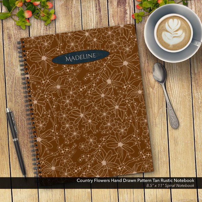 Country Flowers Hand Drawn Pattern Brown Rustic Notebook (Country Flowers Hand Drawn Pattern Brown Rustic Notebook: 8.5"x11" Spiral Notebook with Blue Name)