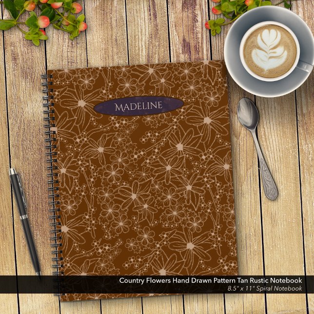 Country Flowers Hand Drawn Pattern Brown Rustic Notebook (Country Flowers Hand Drawn Pattern Brown Rustic Notebook: 8.5"x11" Spiral Notebook with Purple Name)