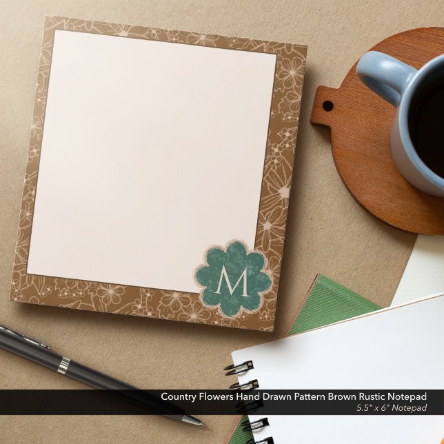 Country Flowers Hand Drawn Pattern Brown Rustic Notepad (Country Flowers Hand Drawn Rustic Pattern in Brown: 5.5"x6" Notepad with Hunter Green Monogram)