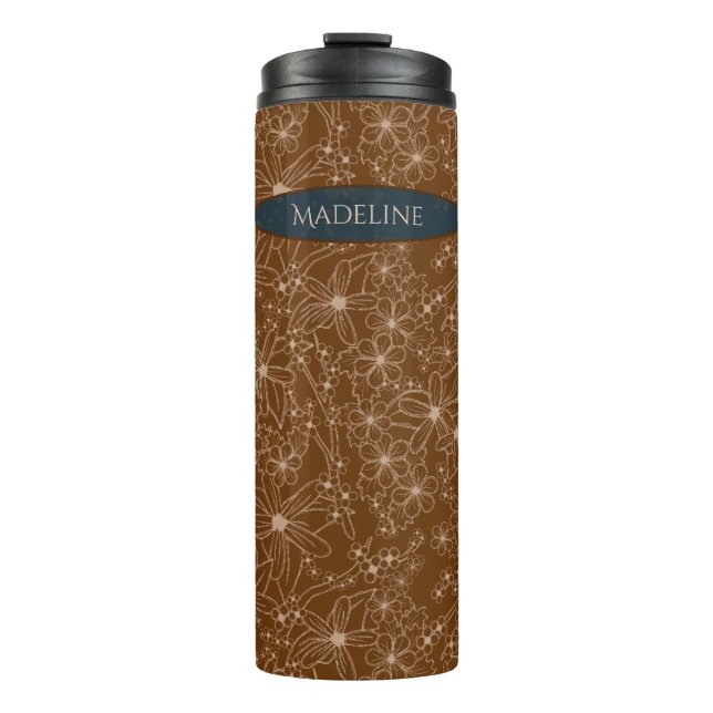 Country Flowers Hand Drawn Pattern Brown Rustic Thermal Tumbler (Front)