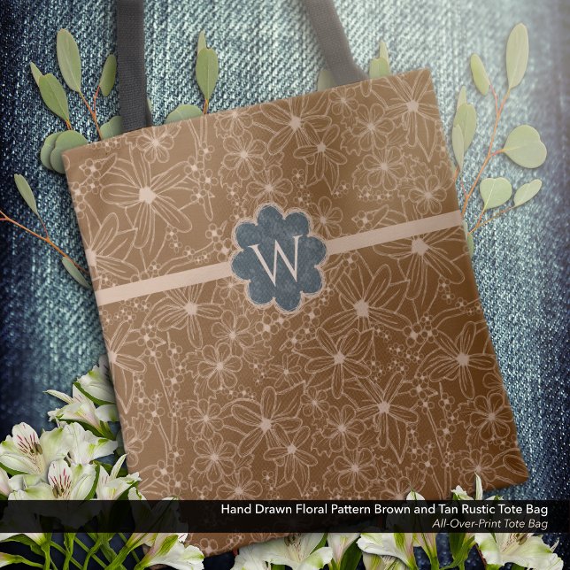 Country Flowers Hand Drawn Pattern Brown Rustic Tote Bag (Tote Bag: Rustic Hand Drawn Floral Pattern in Brown and Tan with Distressed Dark Blue Monogram.)