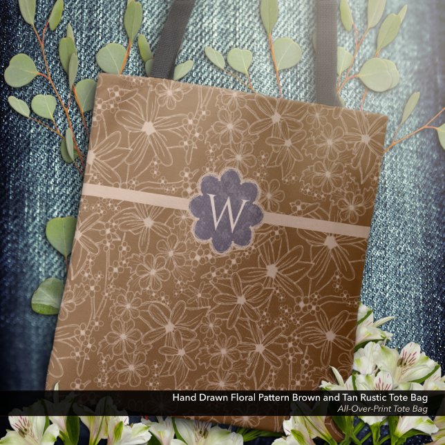 Country Flowers Hand Drawn Pattern Brown Rustic Tote Bag (Tote Bag: Rustic Hand Drawn Floral Pattern in Brown and Tan with Distressed Purple Monogram.)