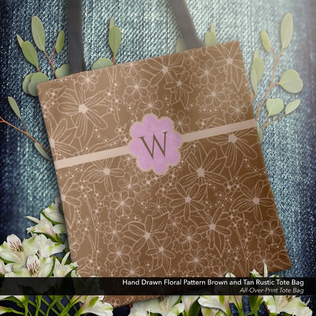 Country Flowers Hand Drawn Pattern Brown Rustic Tote Bag (Tote Bag: Rustic Hand Drawn Floral Pattern in Brown and Tan with a Distressed Soft Pink Monogram.)
