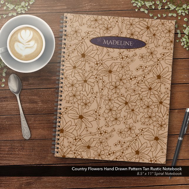 Country Flowers Hand Drawn Pattern Tan Vintage Notebook (Country Flowers Hand Drawn Pattern Tan Rustic Notebook: 8.8" x 11" Spiral Notebook)