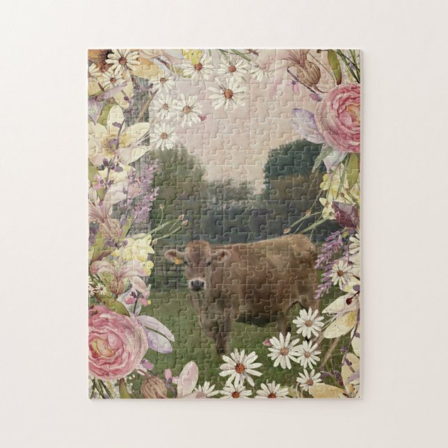 Country Flowers Jersey Cow Jigsaw Puzzle (Vertical)