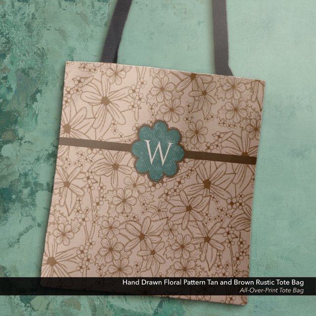 Country Flowers: Tan and Hunter Green Monogrammed Tote Bag (Tote Bag: Rustic Hand Drawn Floral Pattern in Tan and Brown with Distressed Forest Green Monogram.)