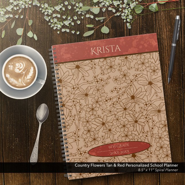 Country Flowers Tan & Red Personalised School Planner (Country Flowers Brown and Red Personalized School Planner: Customize the Name, Grade, and Year.)