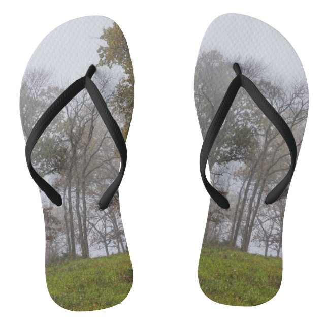 Country Foggy Fall Morning Flip Flops (Footbed)