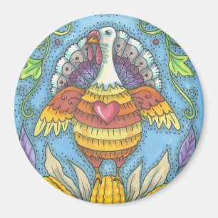 COUNTRY FOLK ART THANKSGIVING TURKEY MAGNET Round