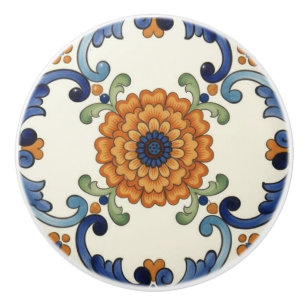 Country Folk Flower Mediterranean Blue Orange Ceramic Knob