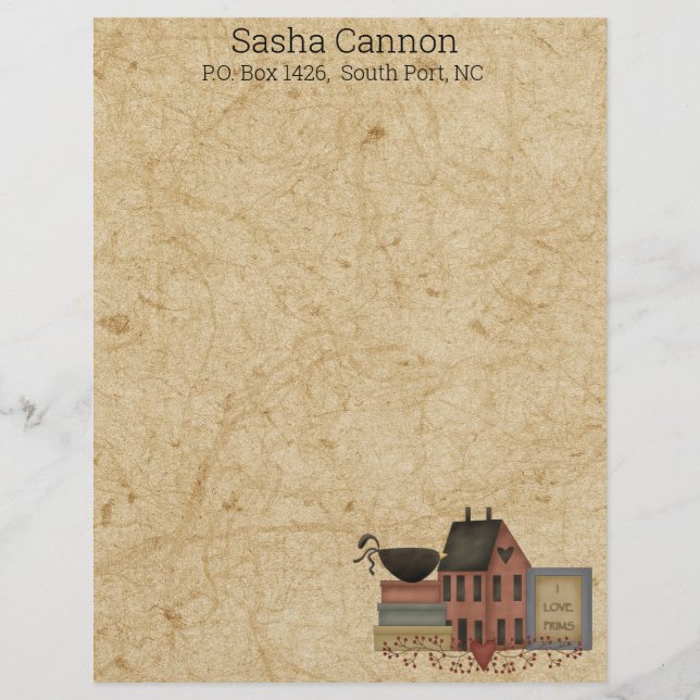 Country Folkart Red Saltbox, crow, I love Prims   Custom Letterhead (Front)