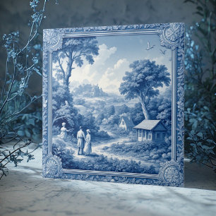 Country Folks Pastoral French Toile De Jouy Blue  Tile