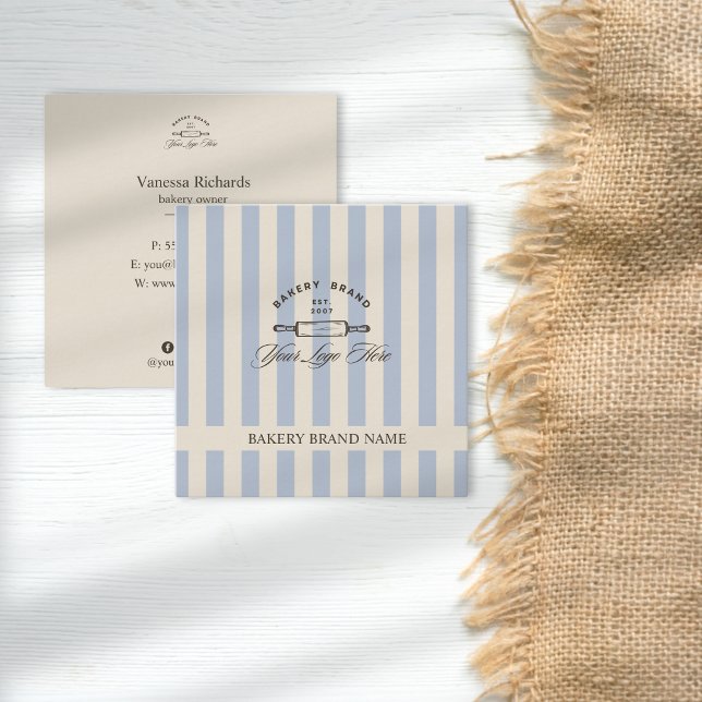 Country French Blue Striped Bakery Logo Striped Square Business Card (Creator Uploaded)