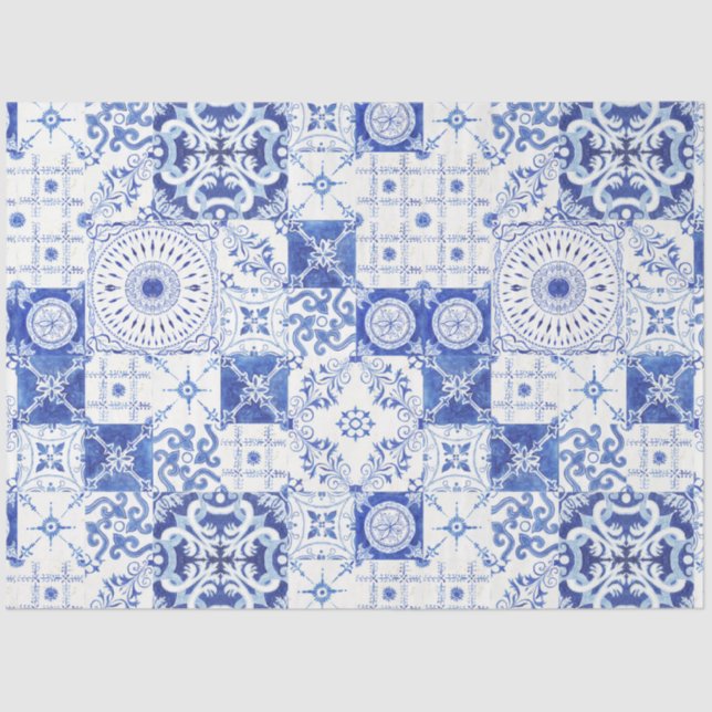 Country French Farmhouse Blue White Tile Decoupage Tissue Paper (Front)