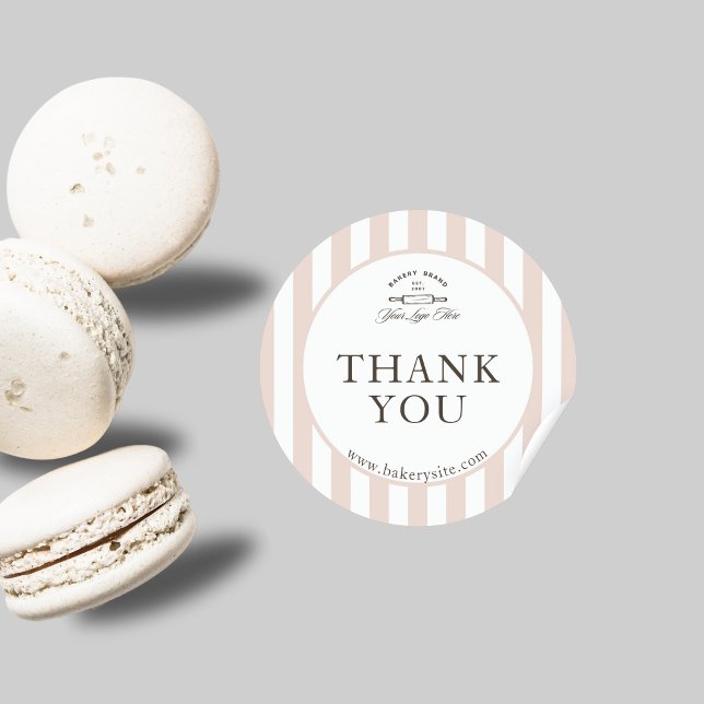 Country French Pink Striped Bakery Logo Thank You Classic Round Sticker (Creator Uploaded)