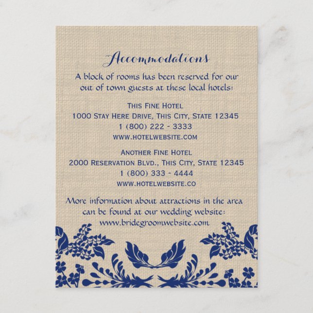 Country Garden Blue and Burlap Info Card (Front)