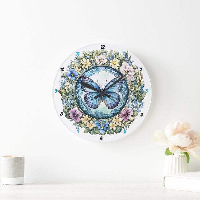 Country Garden" - Blue Butterfly Floral  Large Clock (Home)