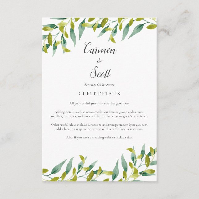 Country Garden Greenery Guest Information Details Enclosure Card (Front)