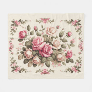 Country Garden Pink Roses on Cream Background Fleece Blanket