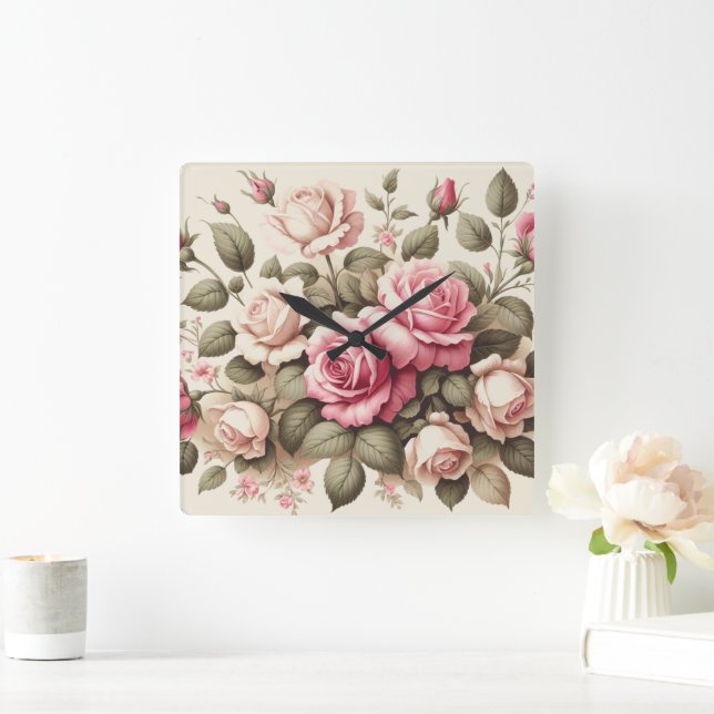 Country Garden Pink Roses on Cream Background Square Wall Clock