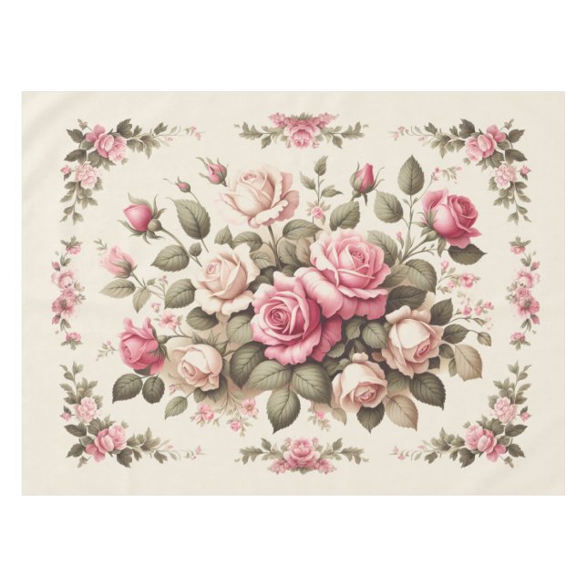 Country Garden Pink Roses on Cream Background Tablecloth (Front (Horizontal))