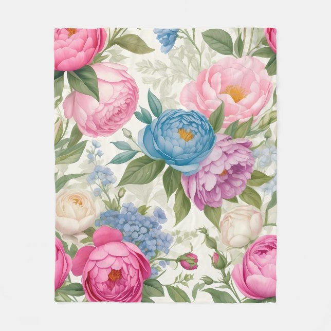 Country Garden Roses And Peonies Floral Fleece Blanket (Front)