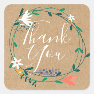 Country Garland Script Thank You Rustic Kraft Boho Square Sticker