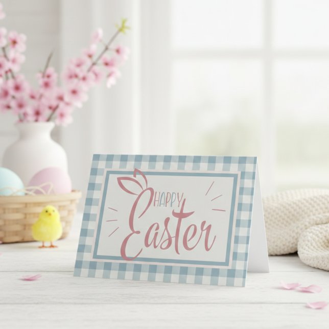 Country Gingham Blue Happy Easter Custom Holiday Card (Country Gingham Blue Happy Easter Custom Holiday Card)