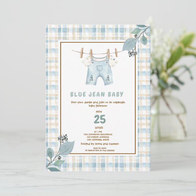 Country Gingham Blue Jean Baby Shower Invitation  (Standing Front)