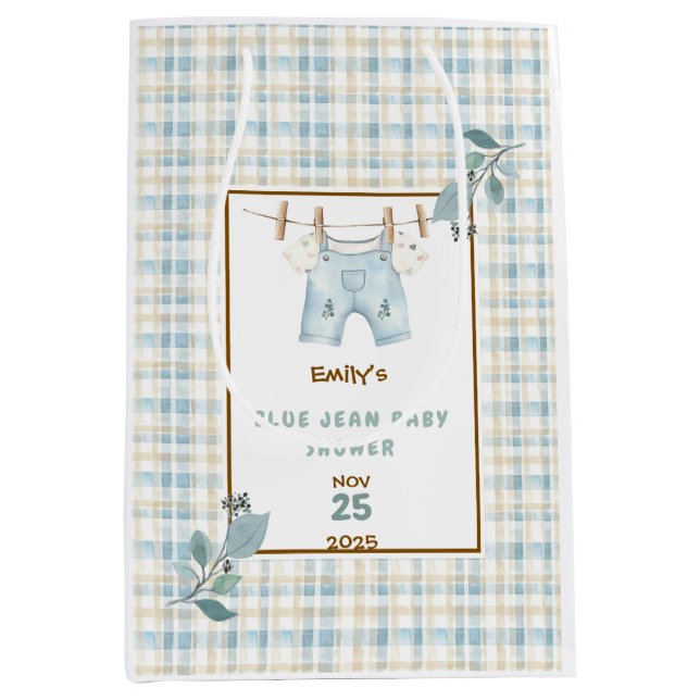 Country Gingham Blue Jean Baby Shower Welcome Medium Gift Bag (Front)