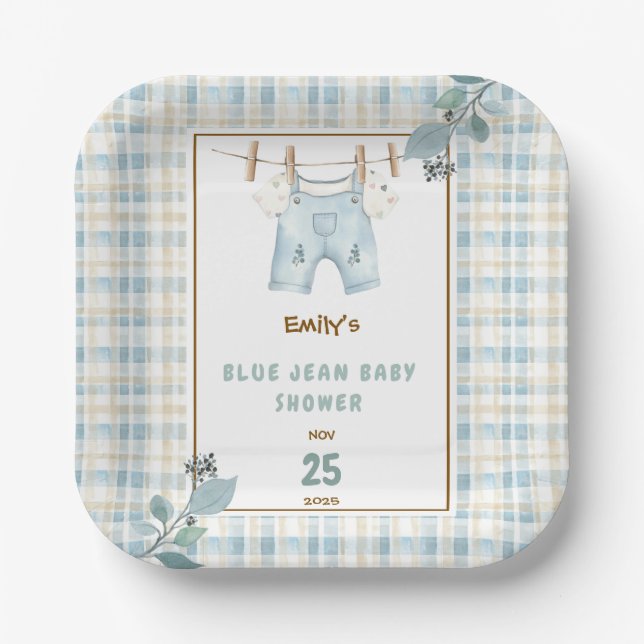 Country Gingham Blue Jean Baby Shower Welcome Paper Plate (Front)