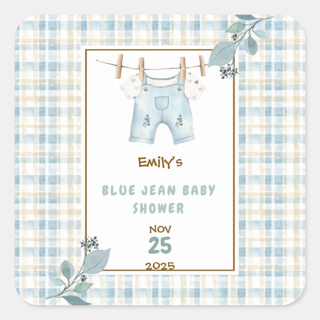 Country Gingham Blue Jean Baby Shower Welcome Square Sticker (Front)