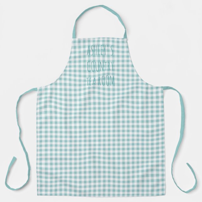 Country Gingham Check Blue and White Personalised Apron (Front)