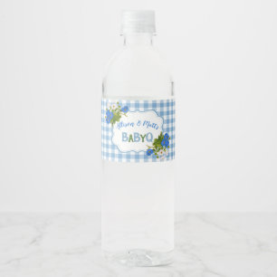 Country Gingham Check Blue Flowers Baby Q BBQ  Water Bottle Label