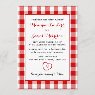 Country Gingham Red & White Checks Wedding Plaid Invitation