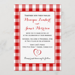Country Gingham Red & White Checks Wedding Plaid Invitation