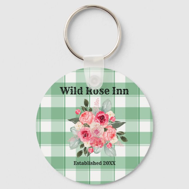 Country Gingham Wild Roses B & B Custom Farmhouse  Key Ring (Front)