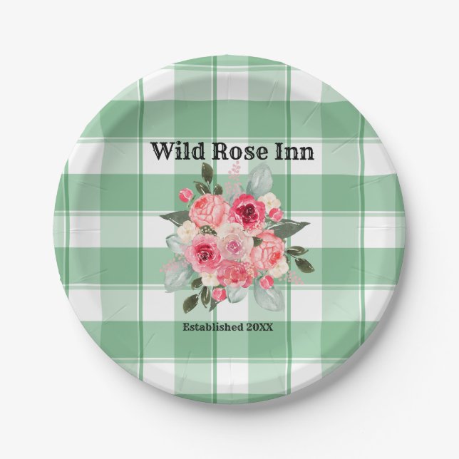 Country Gingham Wild Roses B & B Custom Farmhouse  Paper Plate (Front)