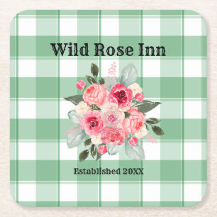 Country Gingham Wild Roses B & B Custom Farmhouse Square Paper Coaster
