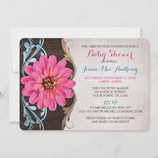 Country Girl Pink Zinnia Baby Shower Invitations (Front)