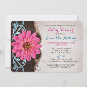 Country Girl Pink Zinnia Baby Shower Invitations