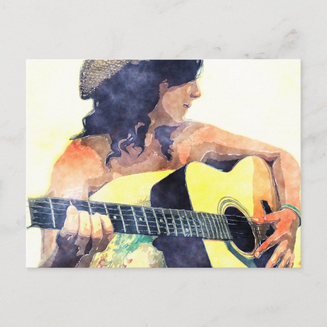 Country Girl with Acoustic Guitar Water Colour Postcard (Front)