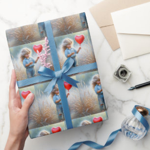 Country Girl with Red Heart Balloon Wrapping Paper