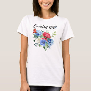 Country Girl with Red/White/Blue Flowers & Birds T-Shirt