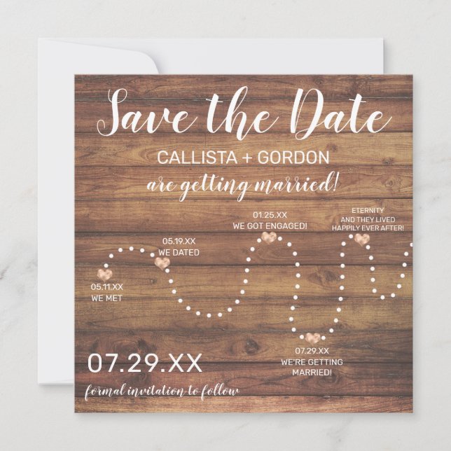 Country Gold Rustic Wood Timeline Wedding Save The Date (Front)