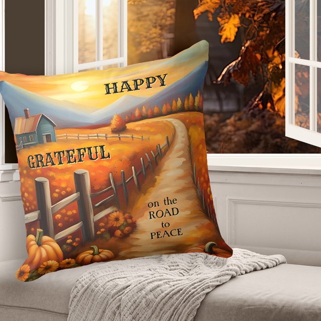 Country Grateful Fall Thanksgiving Cushion (Colorful Thanksgiving pillow featuring an autumn country landscape with farm and pumpkins at sunset)